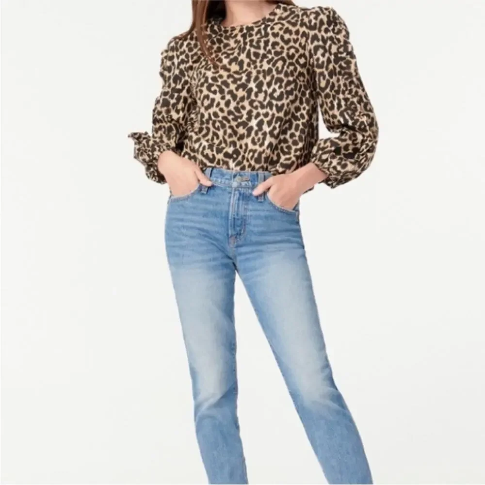 J crew Leopard Animal Print Ruffle Sleeve Top Shirt AS011 Extra Small XS Cotton